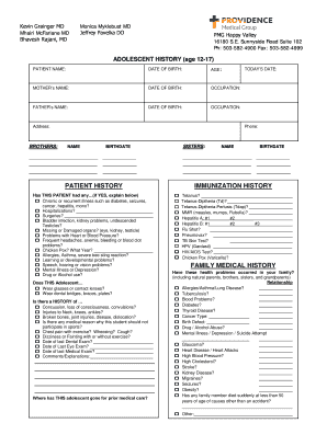 Adolescent Medical History Form