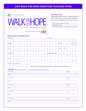 Walk for Hope Donation Tracking Form