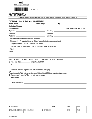 Physician Orders for Pre-Operative Vascular Procedures
