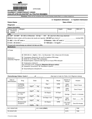Physicians' Chemotherapy Order Form
