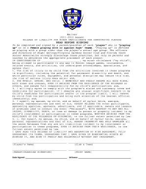Minor Soccer Player Liability Waiver