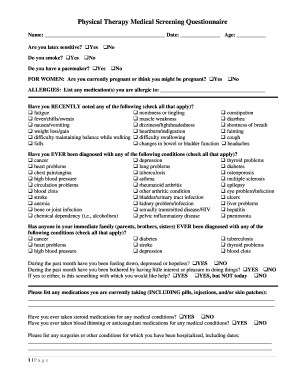 Physical Therapy Medical Screening Questionnaire