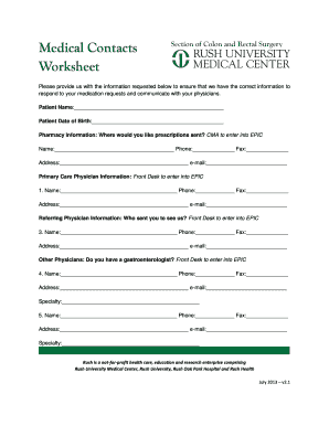 Medical Contacts Worksheet
