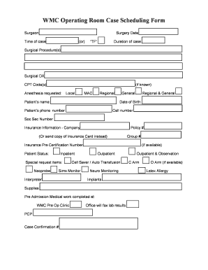 WMC Operating Room Case Scheduling Form
