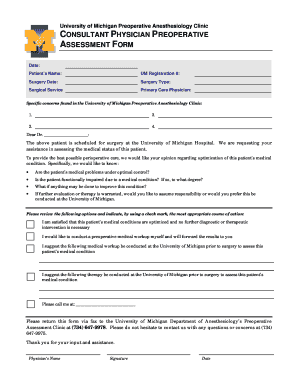 University of Michigan Preoperative Anesthesiology Assessment Form