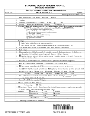 Post Op Craniotomy Orders