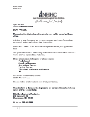 School Intake Questionnaire