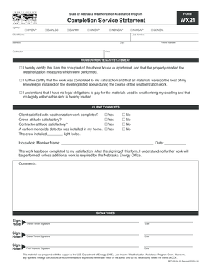 Nebraska Weatherization Assistance Program Completion Form
