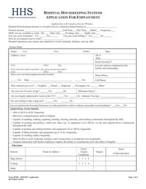 Hospital Housekeeping Systems Employment Application
