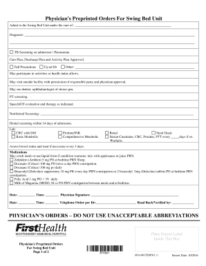 Physician's Preprinted Orders For Swing Bed Unit