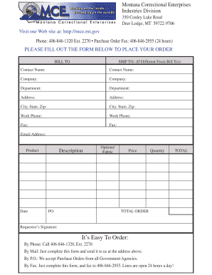 Montana Correctional Enterprises Purchase Order Form