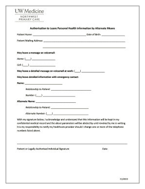 Authorization to Leave Personal Health Information by Alternate Means