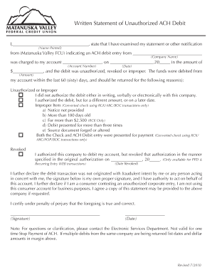 Unauthorized ACH Debit Dispute Form