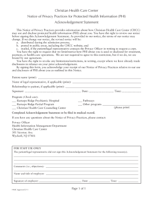 Christian Health Care Center Privacy Practices Acknowledgement