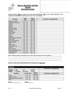 Child Health and Nutrition Screening Form