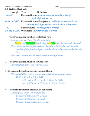 Math 7 Chapter 2 Decimals Worksheet