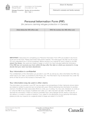 Canada Personal Information Form for Refugee Protection