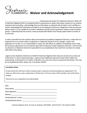 Waiver and Acknowledgement for Nutrition Services