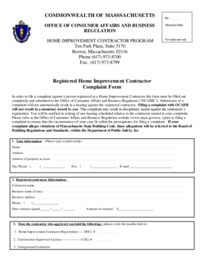 Massachusetts Home Improvement Contractor Complaint Form