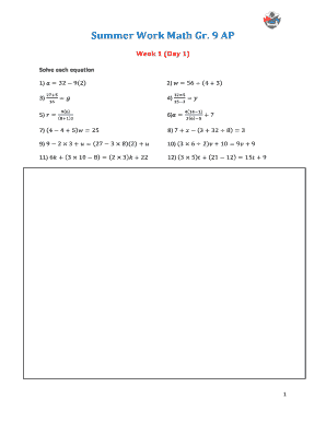 Summer Work Math Grade 9 AP