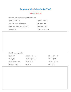 Grade 7 Summer Math Worksheet