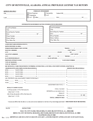 Huntsville Alabama Annual Privilege License Tax Return