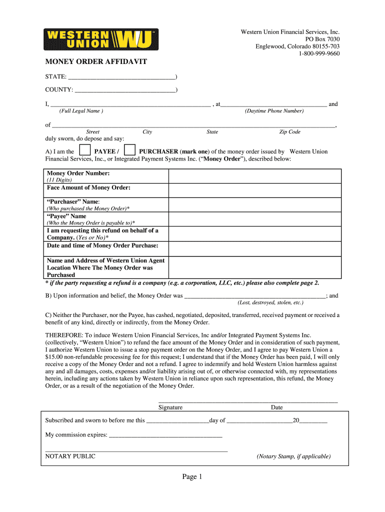 Western Union Affidavit - Fill Online, Printable, Fillable, Blank With Blank Money Order Template