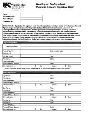 Washington Savings Bank Business Account Signature Card