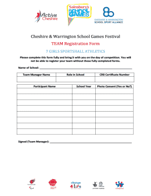 Cheshire & Warrington School Games Festival Team Registration Form