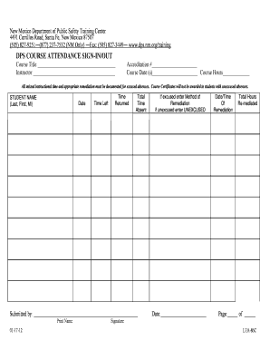 New Mexico DPS Course Attendance Sign-In/Out Form