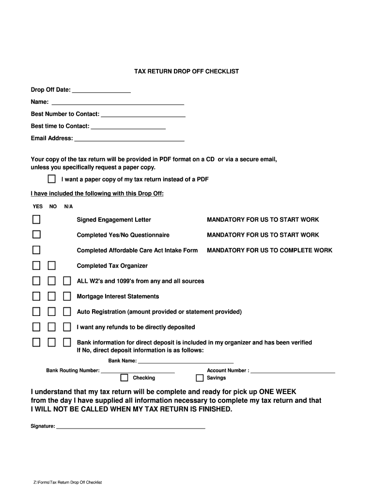 Fillable Online Tax Return Drop Off Checklist CPA Chandler Fax Email