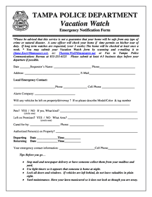 Tampa Police Vacation Watch Form