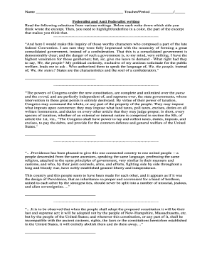 Federalist and Anti Federalist Writing Assignment