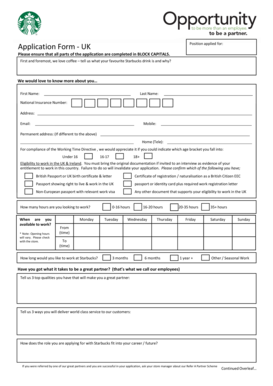 Starbucks UK Employment Application Form