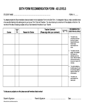 Sixth Form Recommendation Form