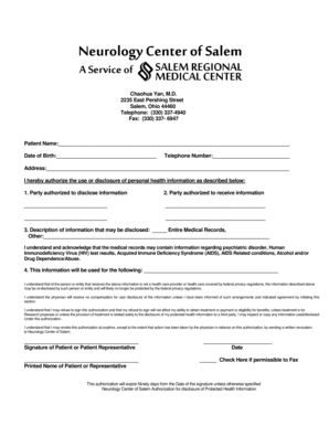 Neurology Center of Salem Authorization for Disclosure of Protected Health Information