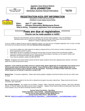 Appleton Elementary Summer School Registration Form