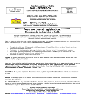 Appleton Elementary Summer School Registration Form