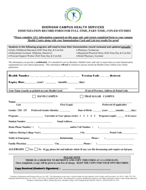 Sheridan campus health services immunization record bformb for full bb