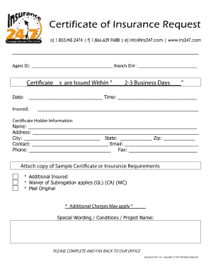 Insurance Certificate Request Form