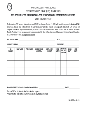 Miami-Dade County Extended School Year Registration Form