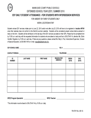 Miami-Dade County Extended School Year Attendance Form