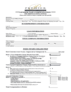 Lender Paid Compensation Fee Sheet
