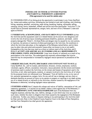 Indoor and Outdoor Activities Waiver and Parental Permission Agreement