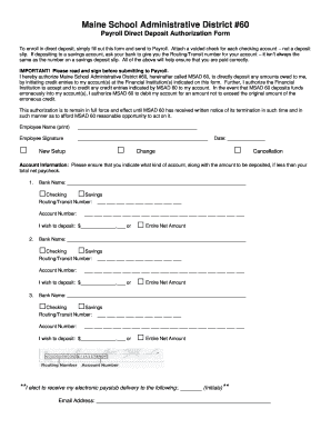 Maine School Administrative District #60 Payroll Direct Deposit Authorization Form