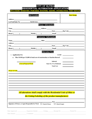 Fillable Online CITY OF ELYRIA RESIDENTIAL ALTERATION APPLICATION Fax Email Print - PDFfiller