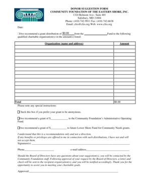 DONOR SUGGESTION FORM COMMUNITY FOUNDATION OF THE EASTERN - cfes