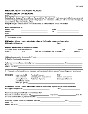 ESG Emergency Solutions Grant Verification of Income Form