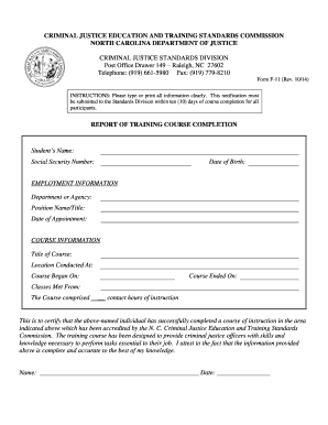 North Carolina Training Course Completion Report
