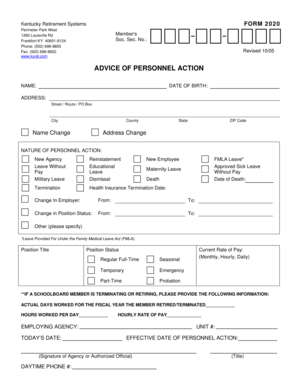 Kentucky Retirement Systems Personnel Action Form